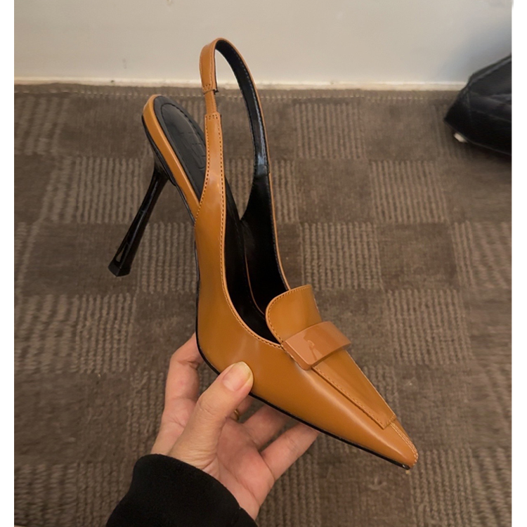 2025年春季新款复古棕色高跟鞋细跟凉鞋百搭气质设计感小众单鞋女