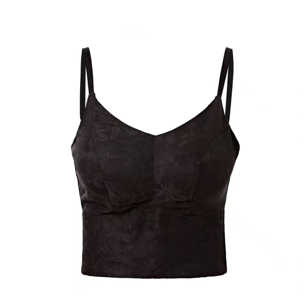 南油真丝香云纱设计师款内搭显瘦打底黑色带胸托背心夏季吊带