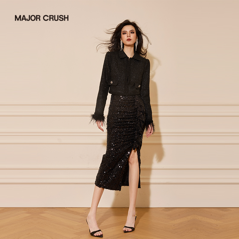 MAJOR CRUSH新款黑色小香风外套黑色半裙时尚优雅轻奢套装54229