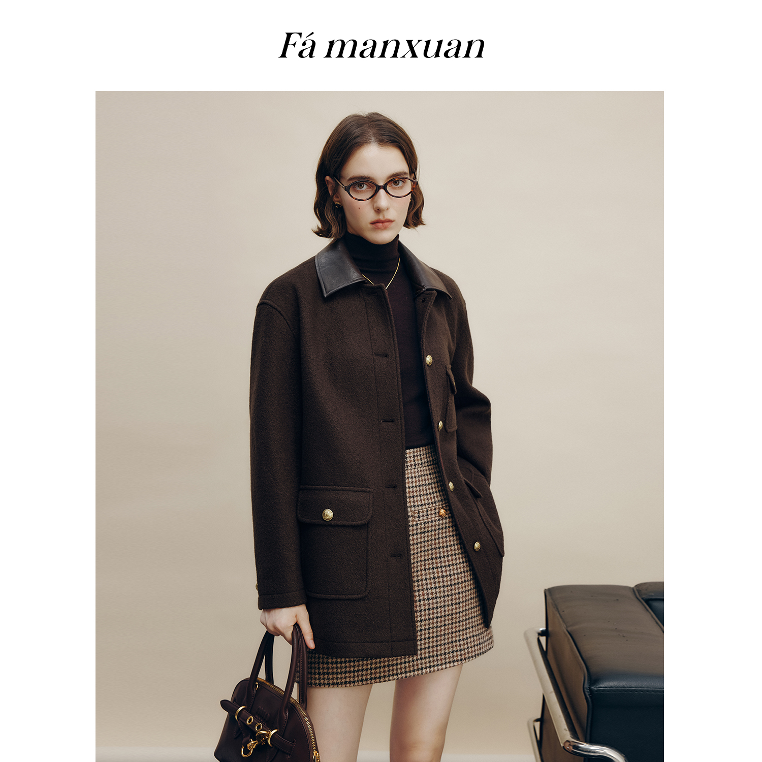 法曼萱复古巴恩风羊毛毛呢外套女2025冬新款可拆卸拼皮领长袖上衣