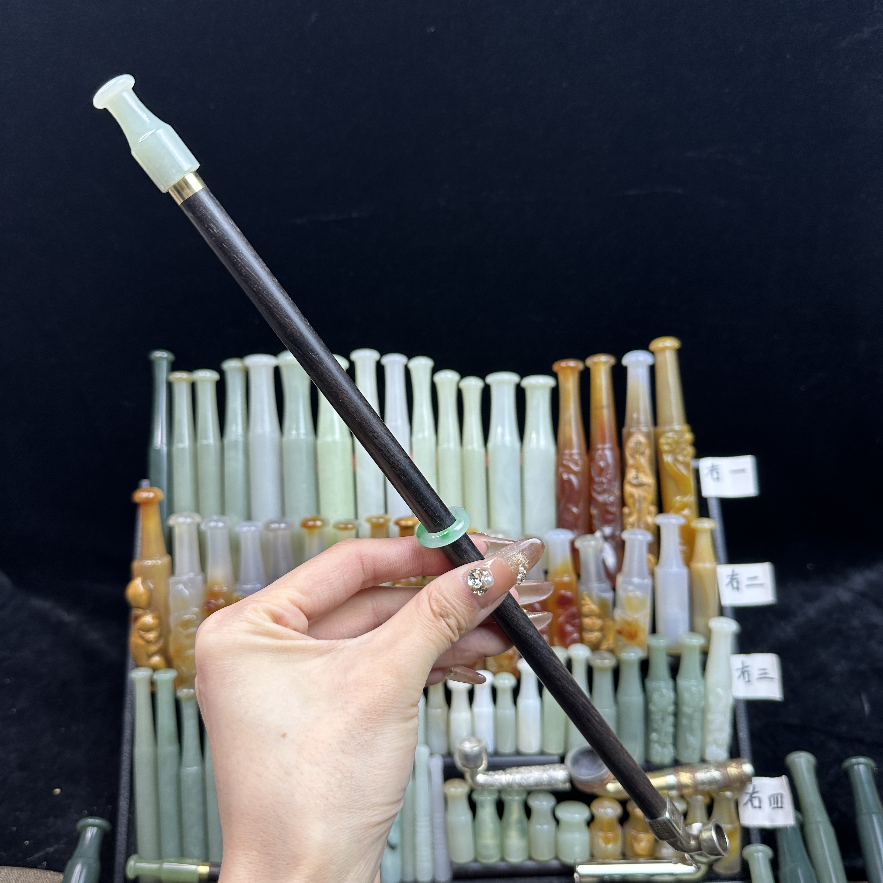 传统旱烟袋和田白玉嘴➕乌木紫光檀杆➕白铜一香锅头内径1.0 总长35