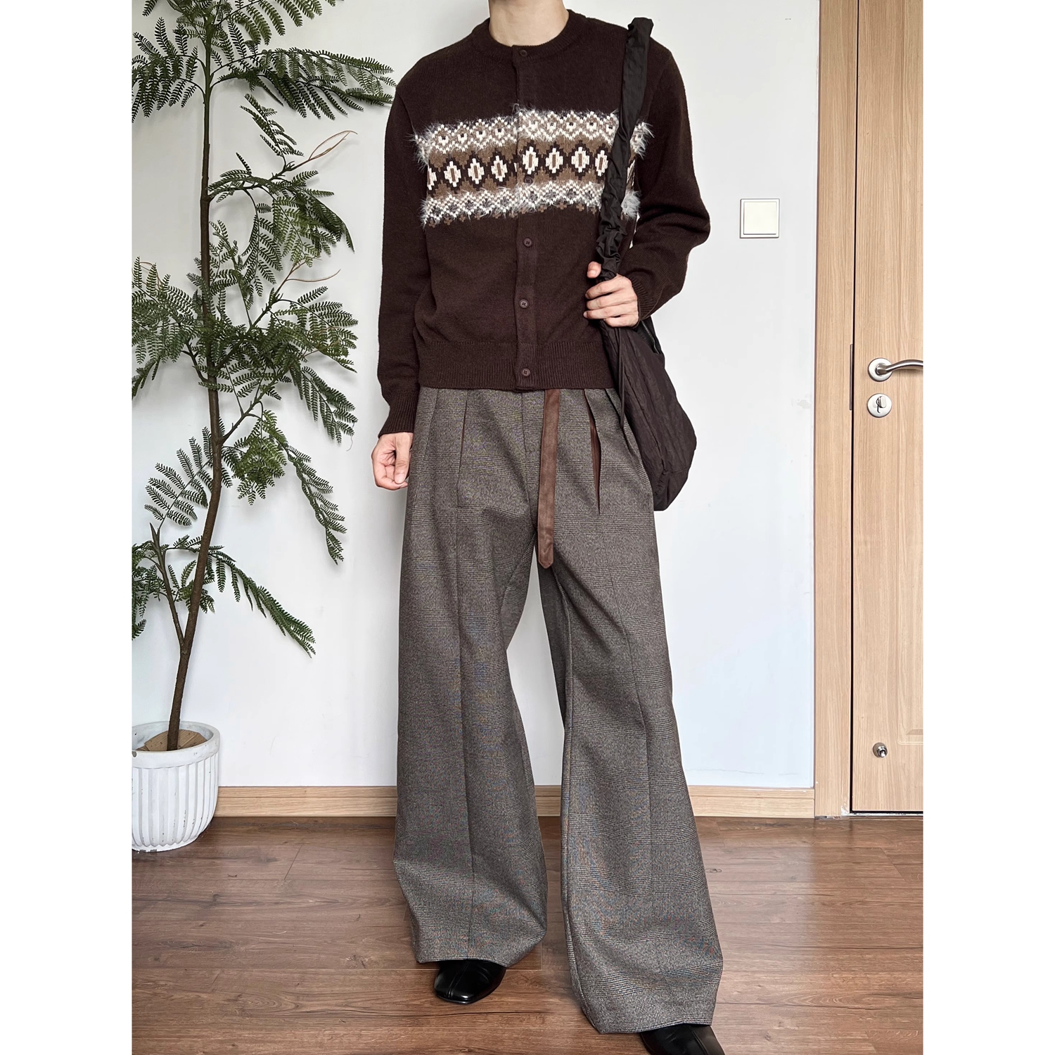 Succinct“麂”格纹麂皮打褶拼接老钱宽松A字直筒长裤秋冬西裤