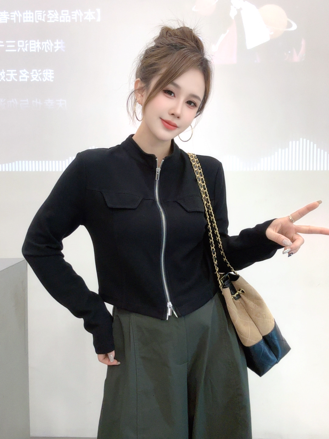 恰逢景梅子自留款拉链衫秋款长袖时尚宽松显瘦上衣女立领双头拉链