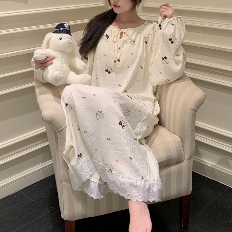 2025年新款女睡裙圆领秋季耐磨成人长袖ins网红大码中长裙家居服
