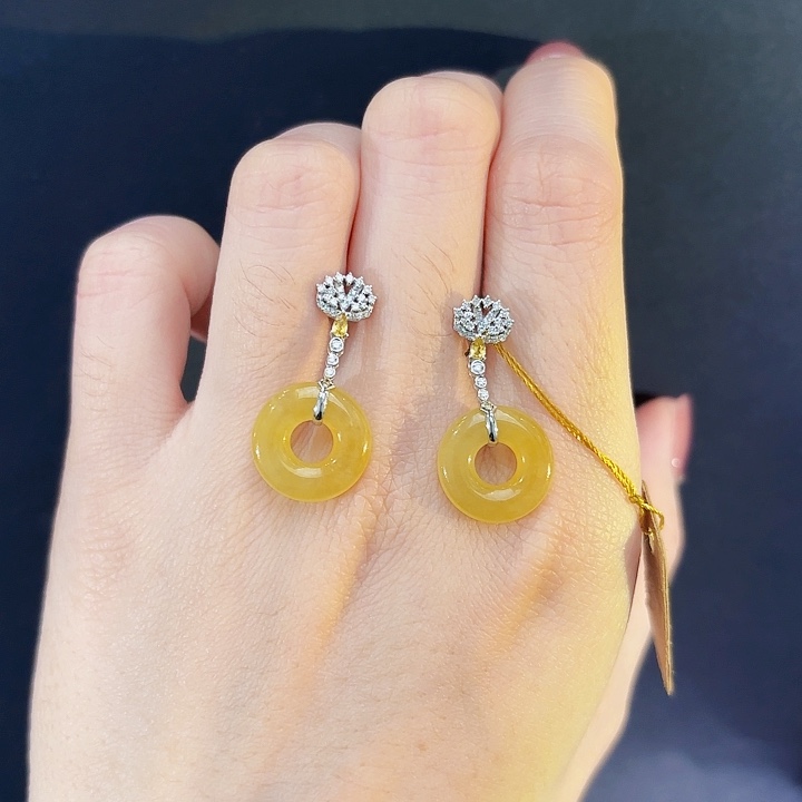 翡翠耳饰18K金镶嵌翡翠黄翡耳饰多人不退不换