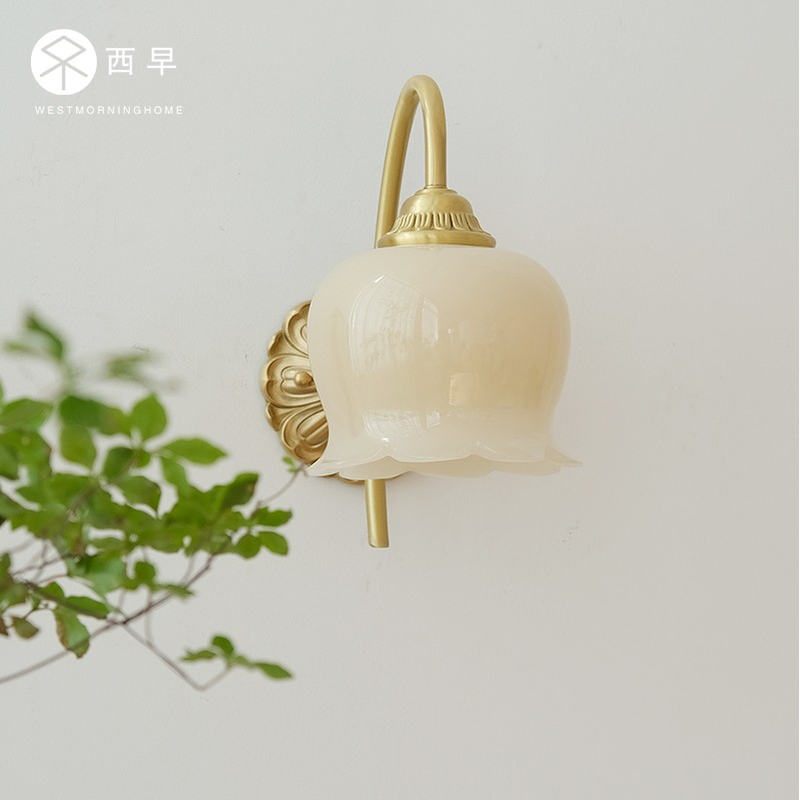 西早 法式复古黄铜奶油铃兰壁灯 美式轻奢网红卧室床头过道壁灯