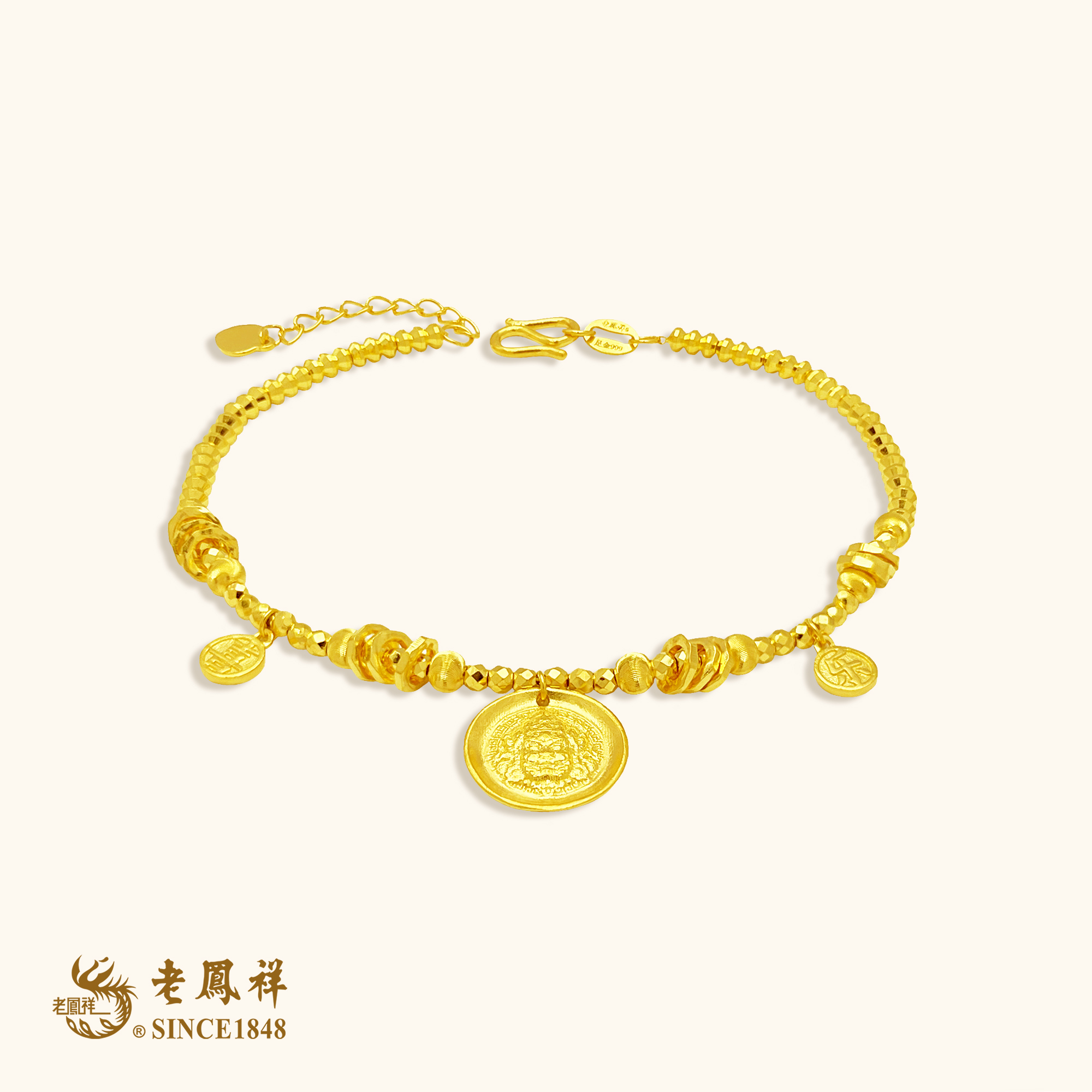 老鳯祥黄金足金黄财神蹦迪手链老凤祥品牌金珠圆牌手链足金999