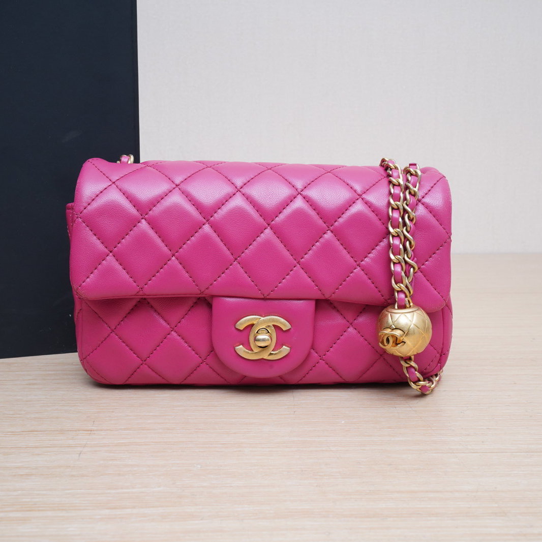95新 Chanel/香奈儿 花花CF 口盖包 大Mini 20cm 玫红皮革S 30开 