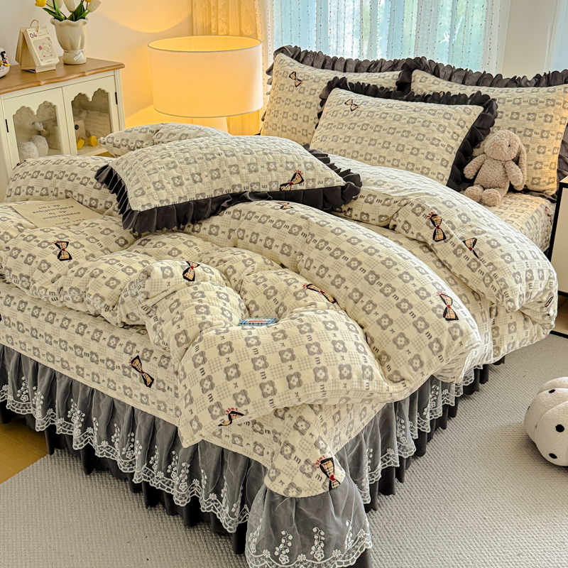 加厚夹棉双面绒韩版蕾丝花边床盖款四件套 柔软保暖不掉色抗静电