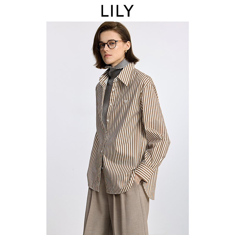 LILY2025冬新款纯棉复古条纹磨毛百搭棕色衬衫外套女125429C4917