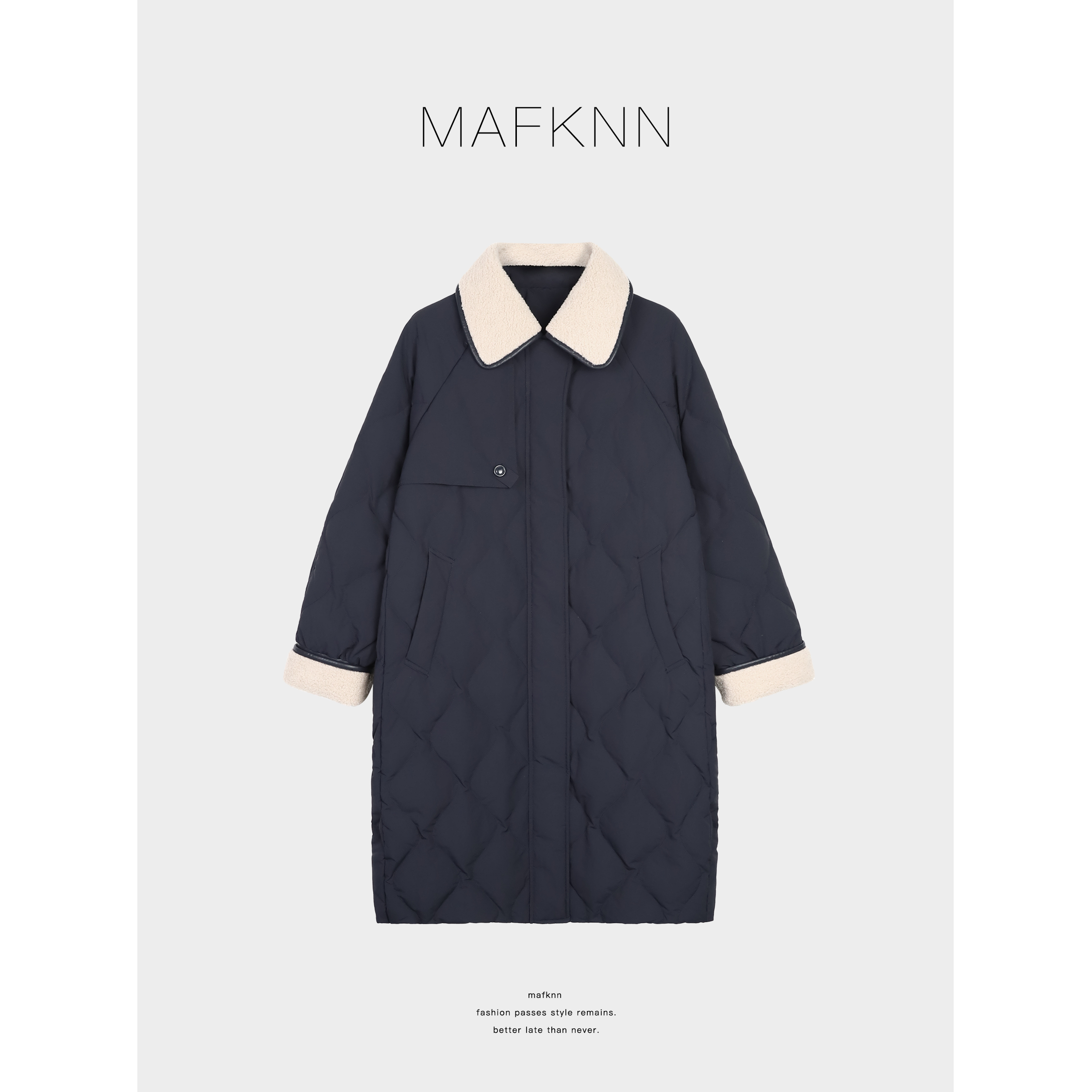 MAFKNN/玛肯时尚休闲简约秋冬中长款90白鸭绒羽绒服MK13584