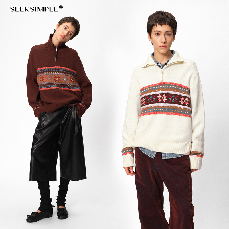 【SEEKSIMPLE】 拉链立领费尔岛提花图案毛衣D0653