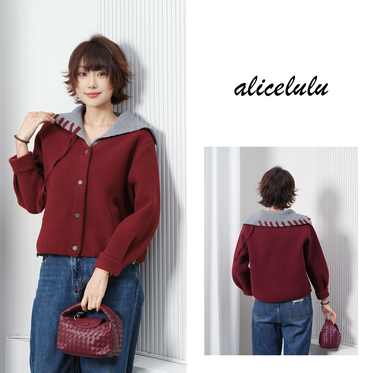 原alicelulu 流动线条.撞色连帽短外套 休闲慵懒 S1035733U