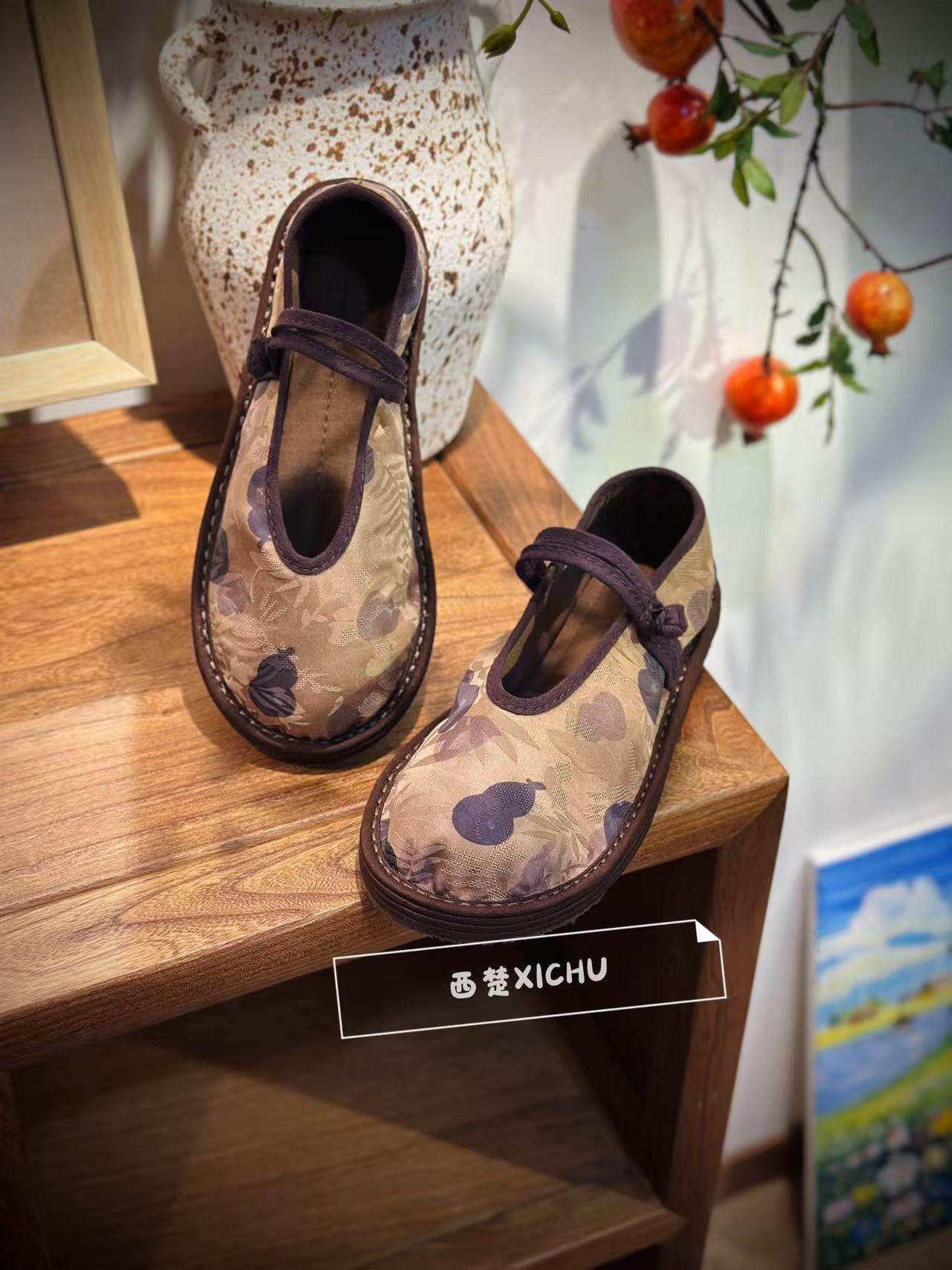 桑蚕丝（珊瑚紫珠）女士搭扣休闲新中式百搭时尚潮流低帮手工布鞋