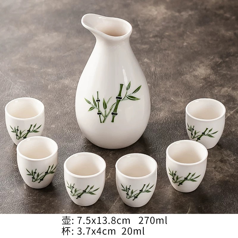 创意家用绿竹陶瓷分酒器（带6杯）无礼盒 - 628