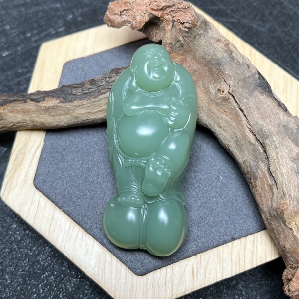 天然和田玉粉青弥勒佛挂坠吊坠无结构男士女士 个性乐趣佛引福来