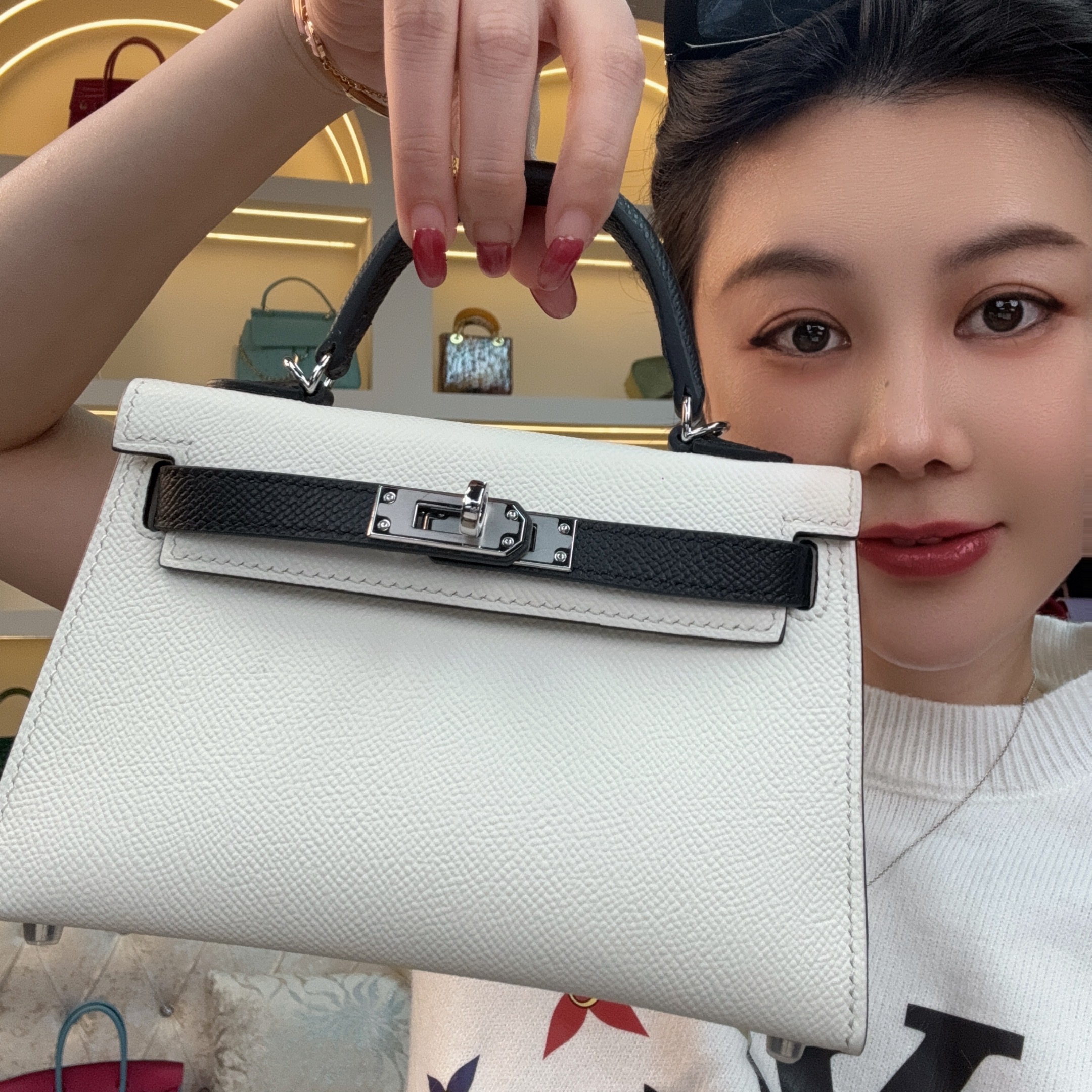 【尺寸：19*6*13】SISI原创真皮女包 19凯莉二代EPsom 银扣-白配黑