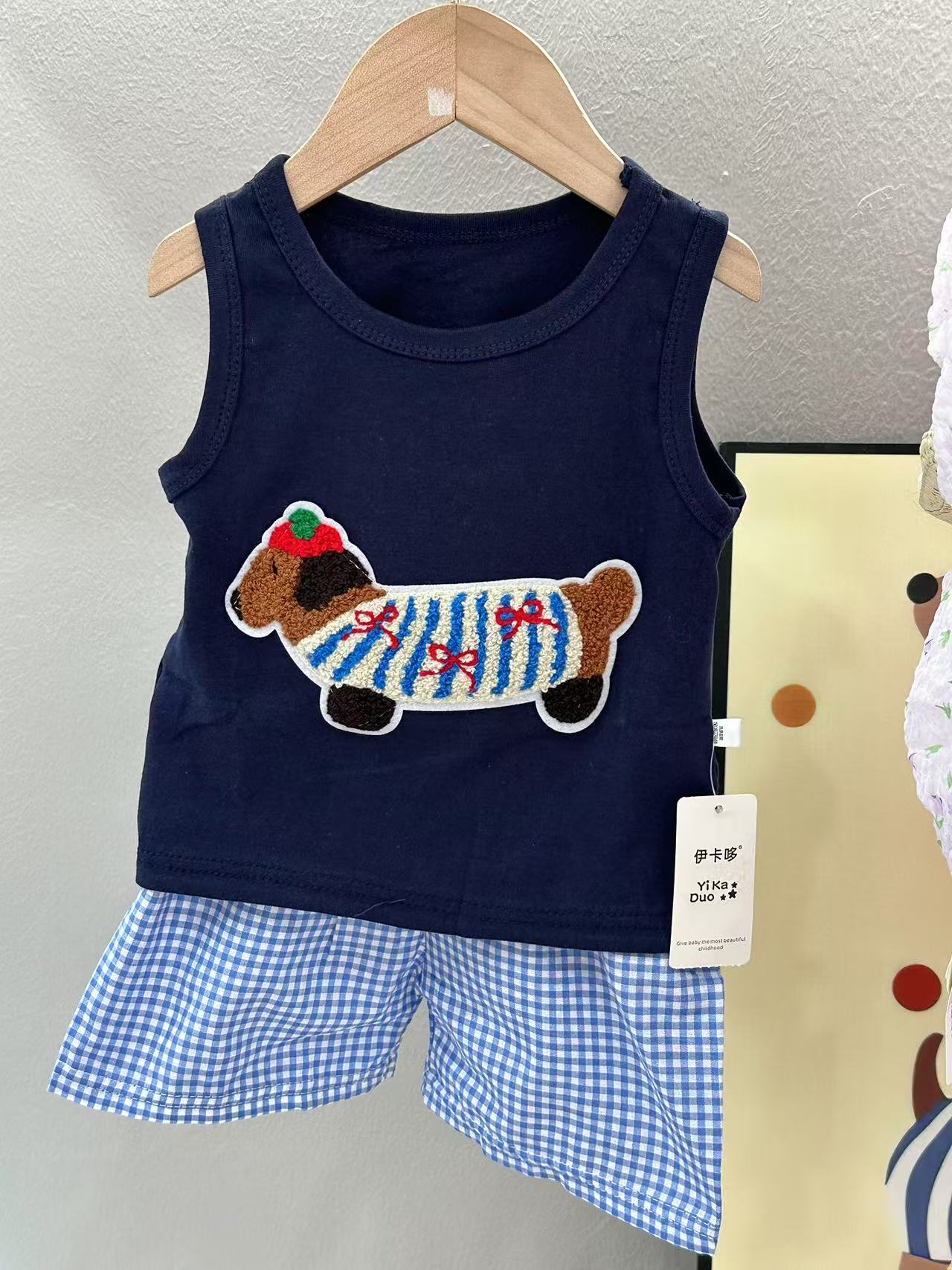 腊肠狗格子裤套装