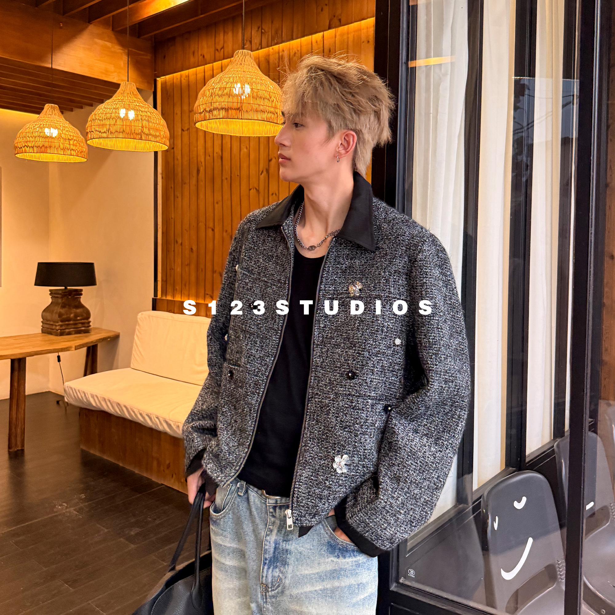 S123美式重磅粗花呢子翻领小香风外套cleanfit宽松休闲情侣夹克