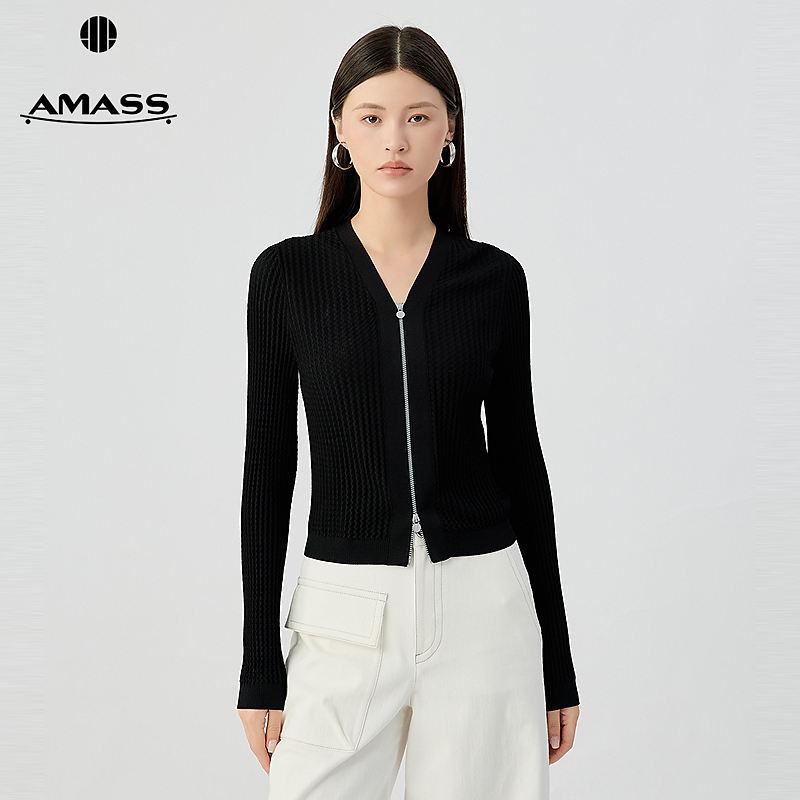 阿玛施AMASS 简约百搭时尚舒适V领波浪竖坑纹拉链针织开衫548026