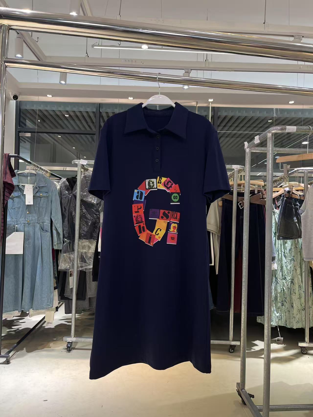 Q1347短袖连衣裙字母印花春夏显高显瘦中长款连衣裙