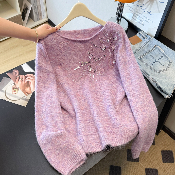 重工钉珠V领针织衫女款秋季2025大码胖mm设计感亮片上衣打底毛衣
