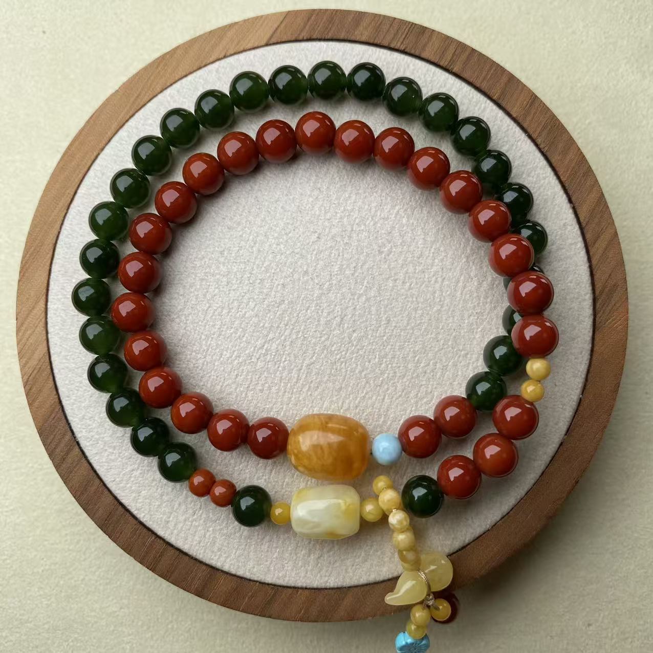 收藏级品质原矿无优化柿子红南红和田碧玉双圈手链NT62