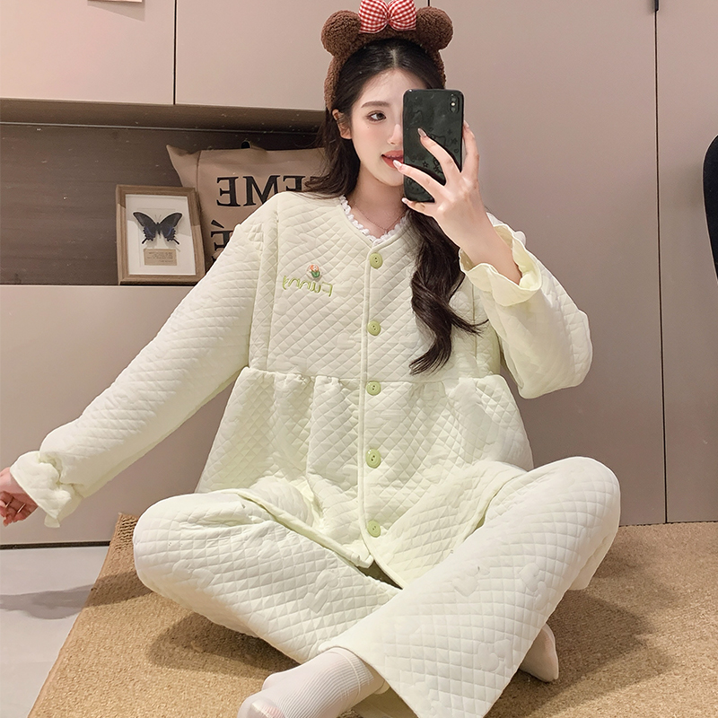秋冬款10-2月保暖空气棉纯棉哺乳孕妇睡衣家居服套装产妇大码