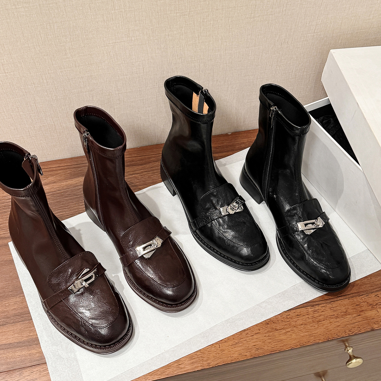 3.5cm/羊皮 秋冬季新款厚底平底瘦瘦靴英伦复古通勤百搭女短靴子