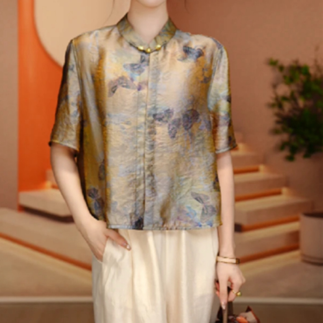 798-（现货）新款洋气宽松显瘦优雅轻奢气质印花百搭上衣