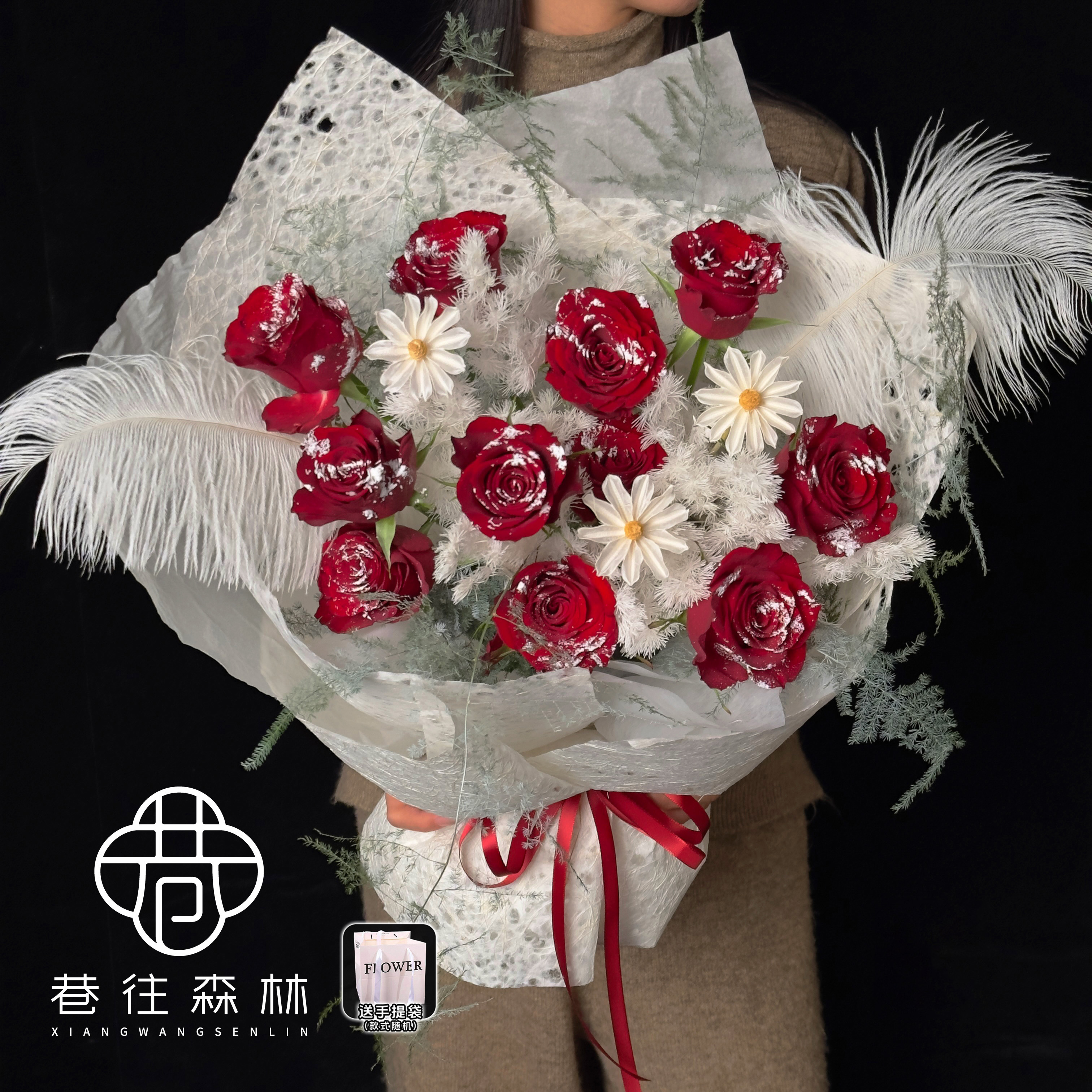 【云梦之羽】11朵落雪红玫瑰羽毛高级感混搭鲜花花束小时达约会见面生日送女友男友爱人闺蜜同城鲜花店配送上门