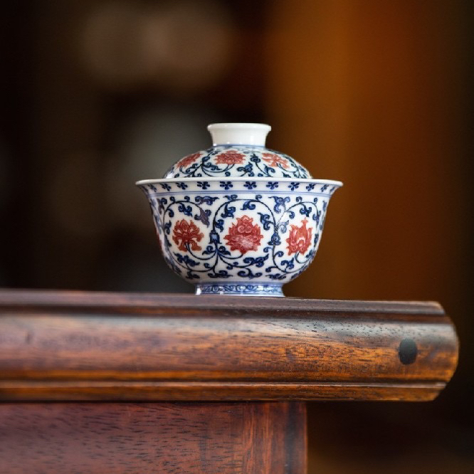 勤义堂青花釉里红缠枝莲盖碗泡茶碗高端茶器