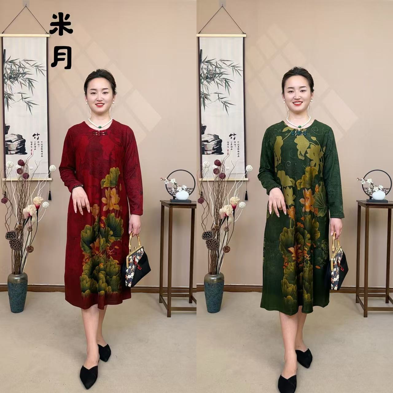 {米月-亭上秋风-连衣裙}春季新款长袖宽松连衣裙妈妈装秋装百搭裙