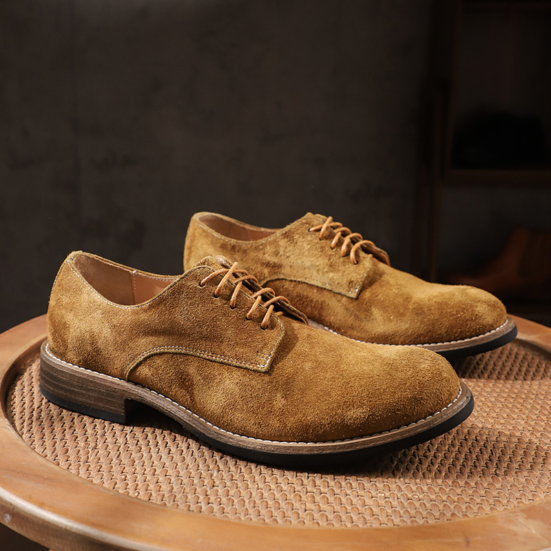 2025春夏男士翻毛皮休闲皮鞋水洗马皮轻便正装德比皮鞋男低帮圆头
