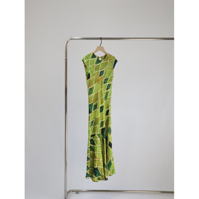 『浔象丝绸』新绿 格子修身连衣裙桑蚕丝新中式