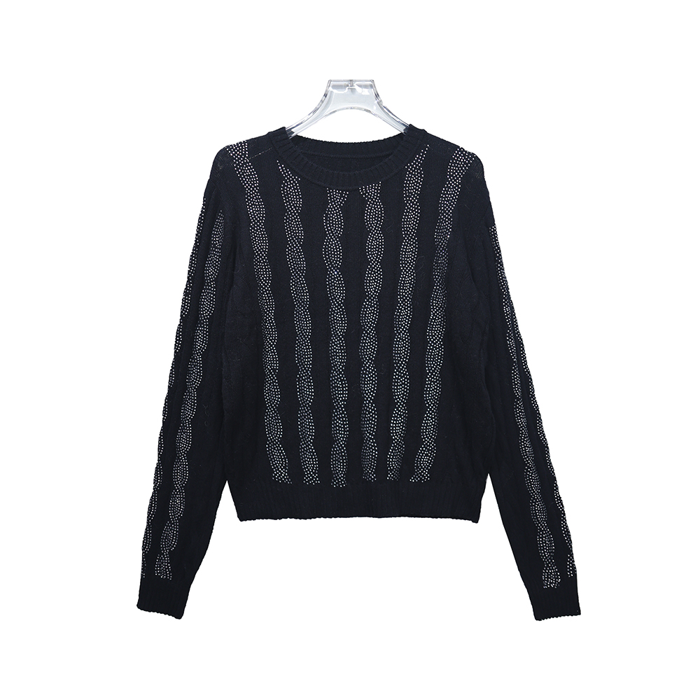 E7684【新款】春季毛衣圆领长袖烫钻短款修身气质