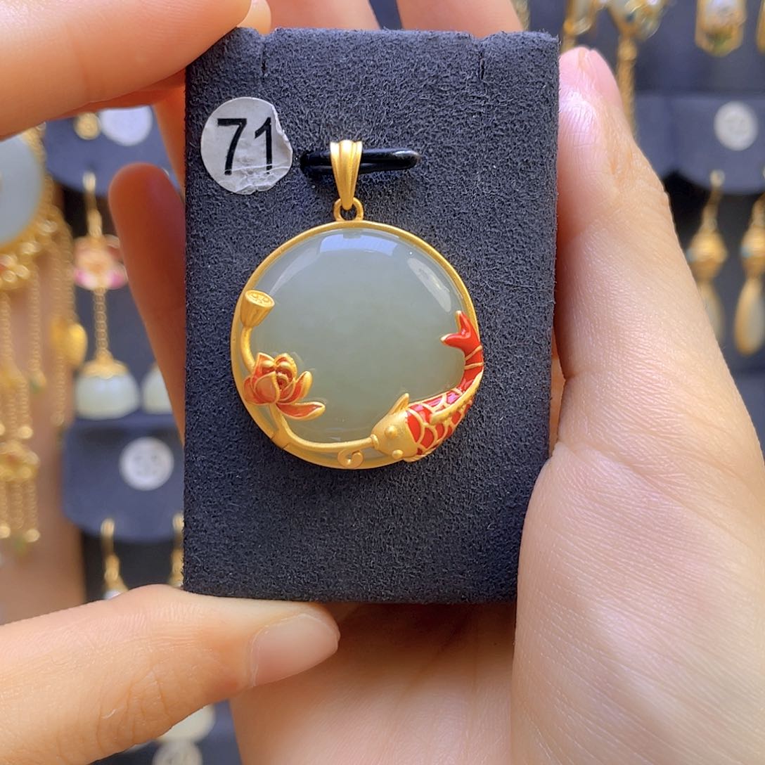 和田玉颈饰银S925镀金镶嵌