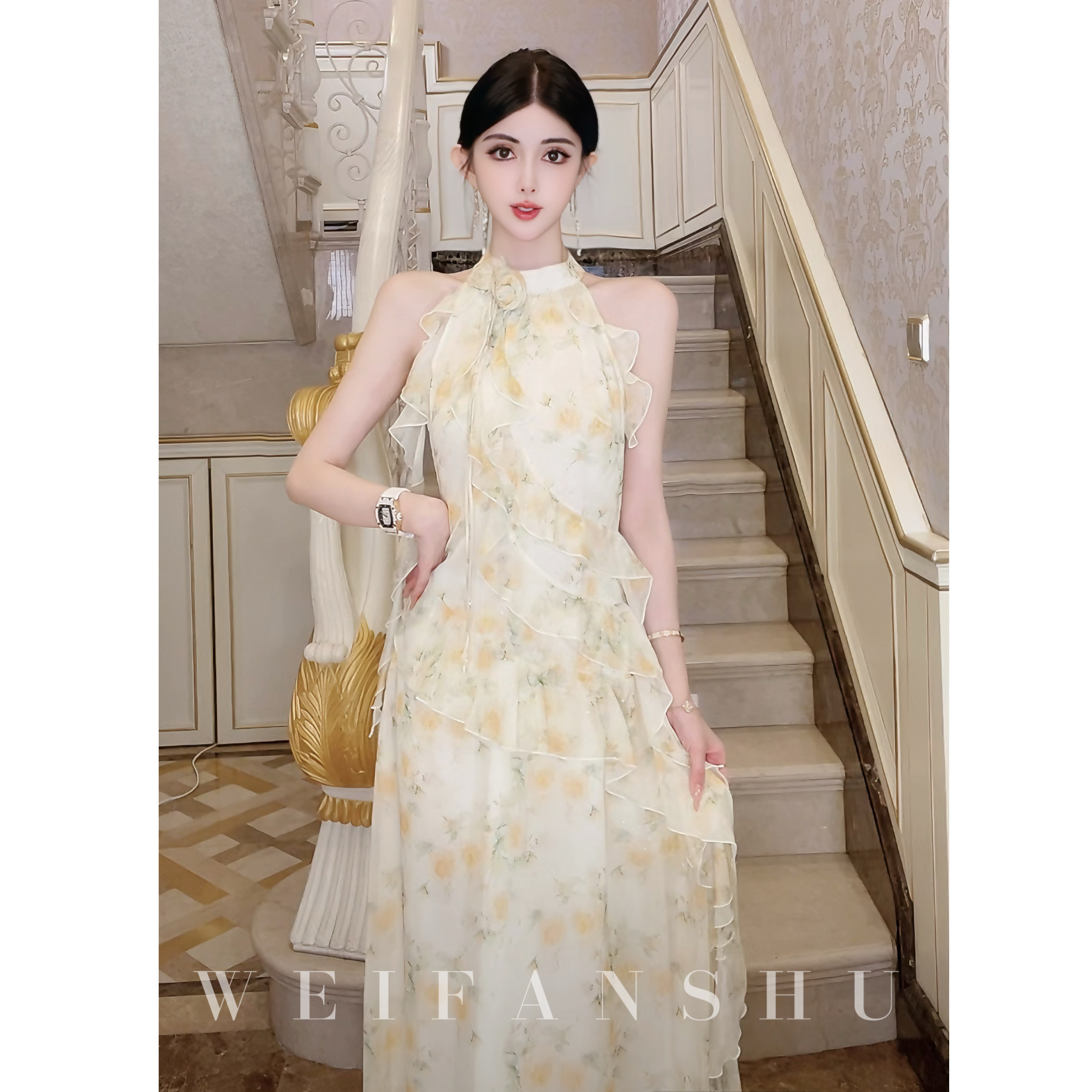 WEIFANSHU/魏凡舒【金盏繁花】春夏新款名媛风气质印花无袖连衣裙