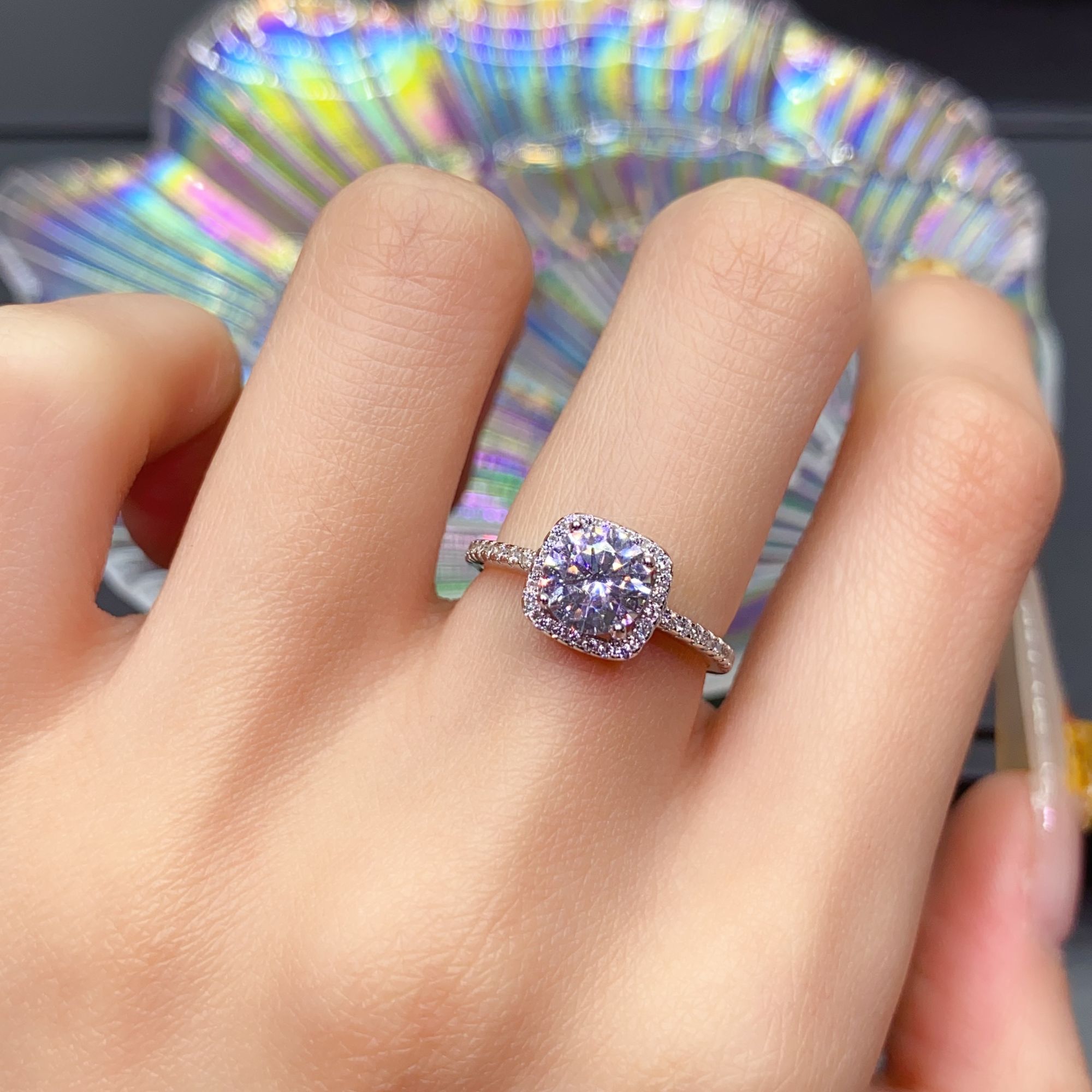 925银莫桑石戒指 【复古方包】0.5-2克拉气质D色莫桑戒时尚银戒指