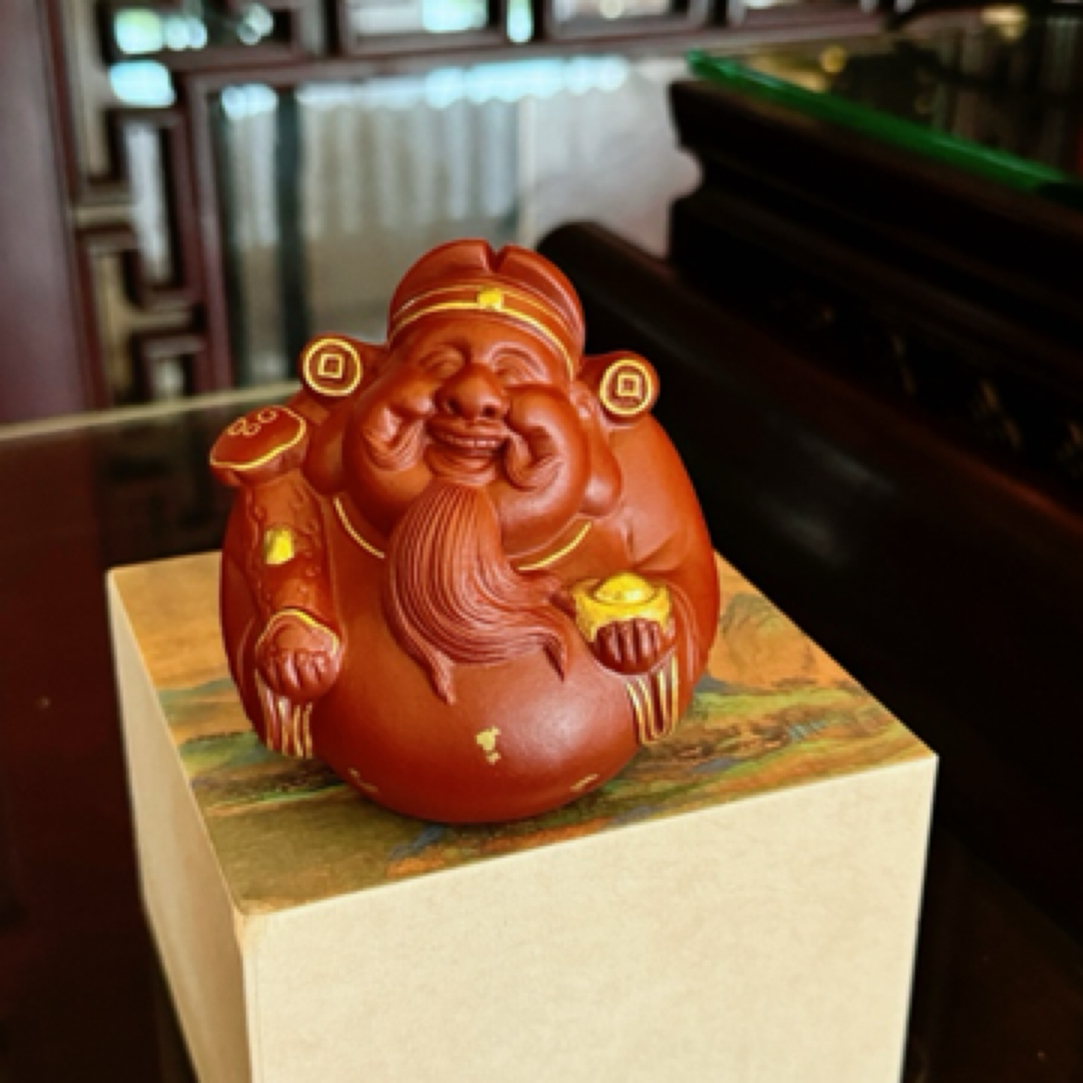 宜兴紫砂茶宠摆件描金财神