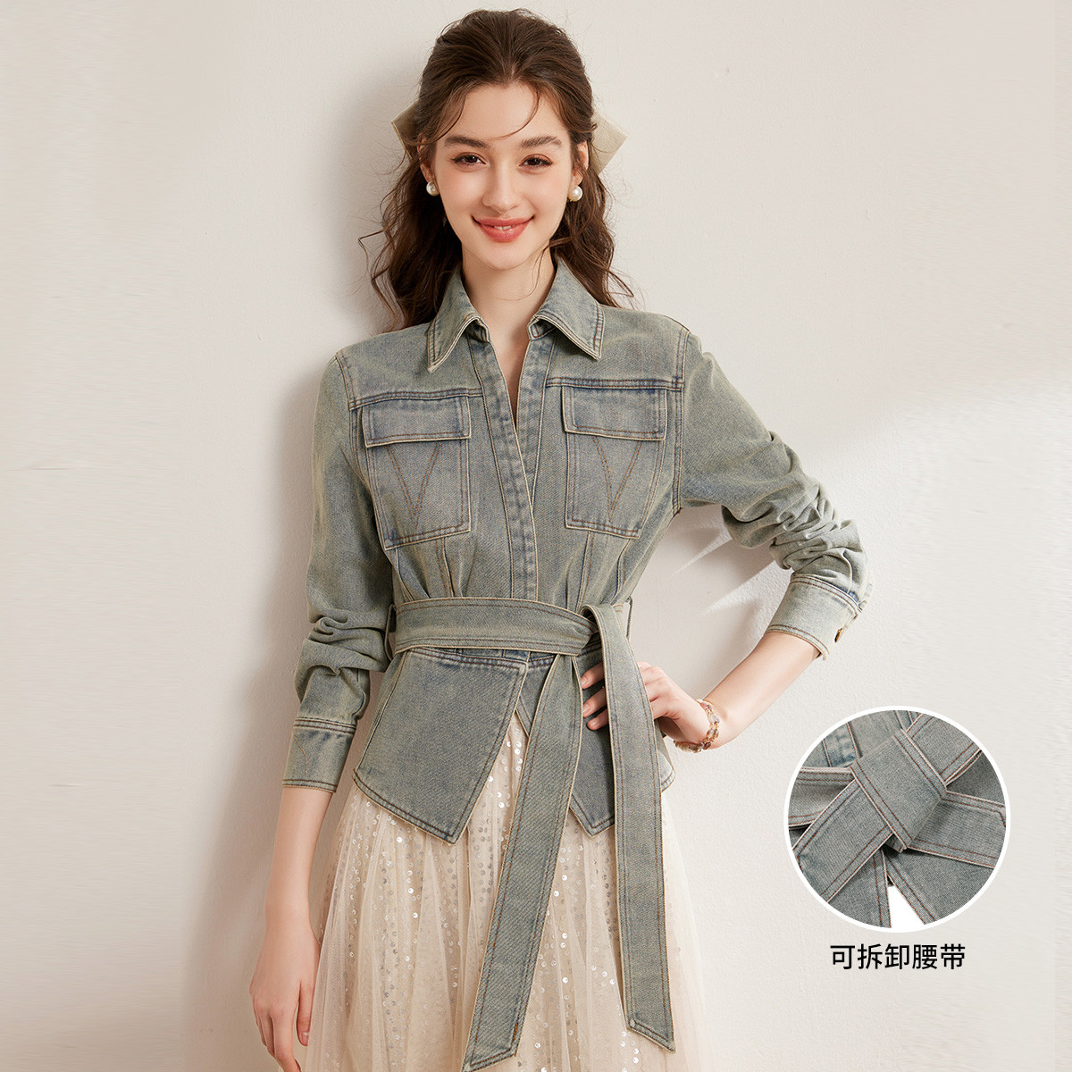 【雅君甄选】&白鹿语时尚复古洗水工艺腰带外套BY20146