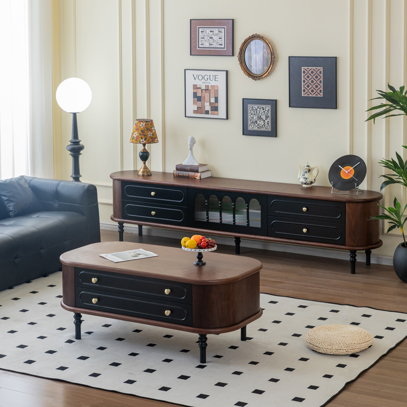 双11法式电视柜客厅家用靠墙电视柜茶几组合胡桃木美式中古落地