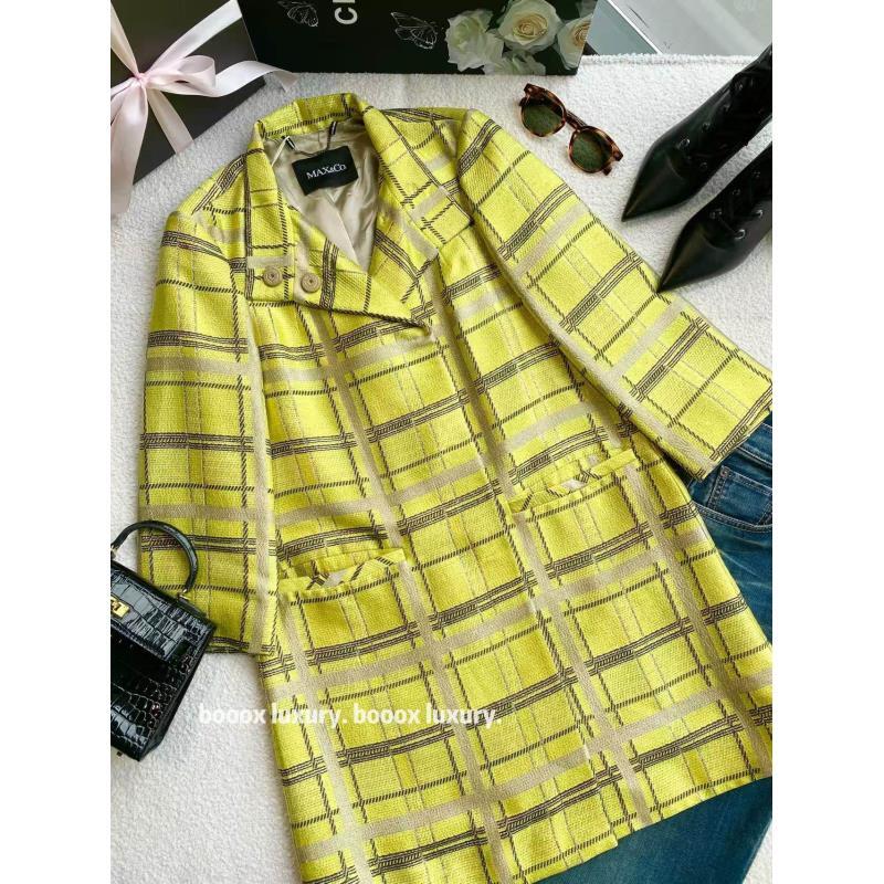 95新 MaxMara   xw188 粘胶纤维 黄色格纹外套 36码