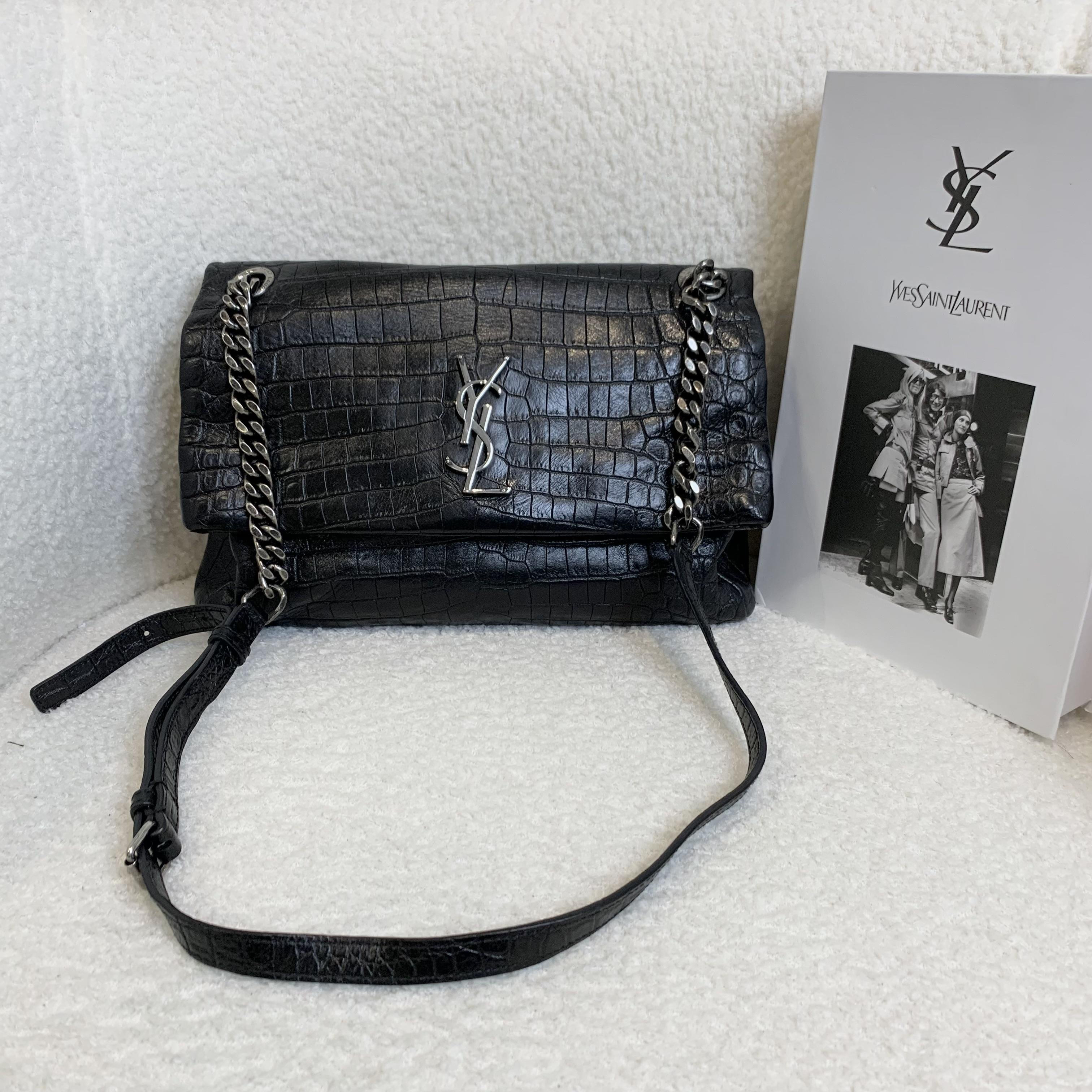 99新 YSL/圣罗兰 壹臻/黑银压纹hollywood链条包中号 64241313
