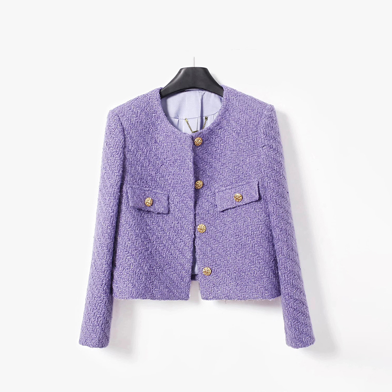 【龙哥质造】2025时尚轻奢时髦小香风紫色粗花呢短款外套25110