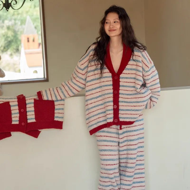 族玛士3653红色复古条纹半边绒女士冬季加厚保暖可外穿睡衣套装