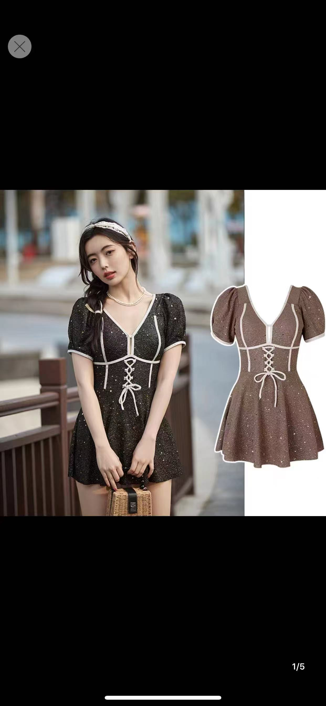 夏季性感女泳衣V领系带短袖宽松显瘦温泉泳装亮闪闪