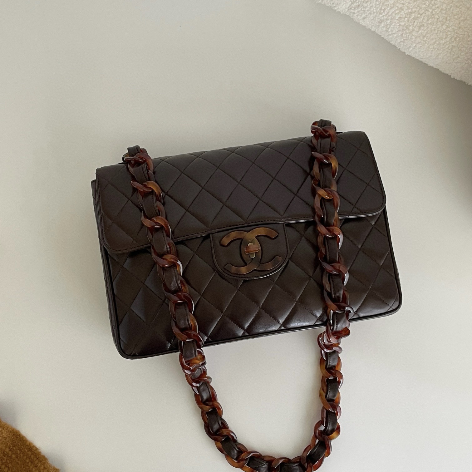 95新 Chanel/香奈儿 棕色羊皮玳瑁贝嫂30单肩斜挎包 4040