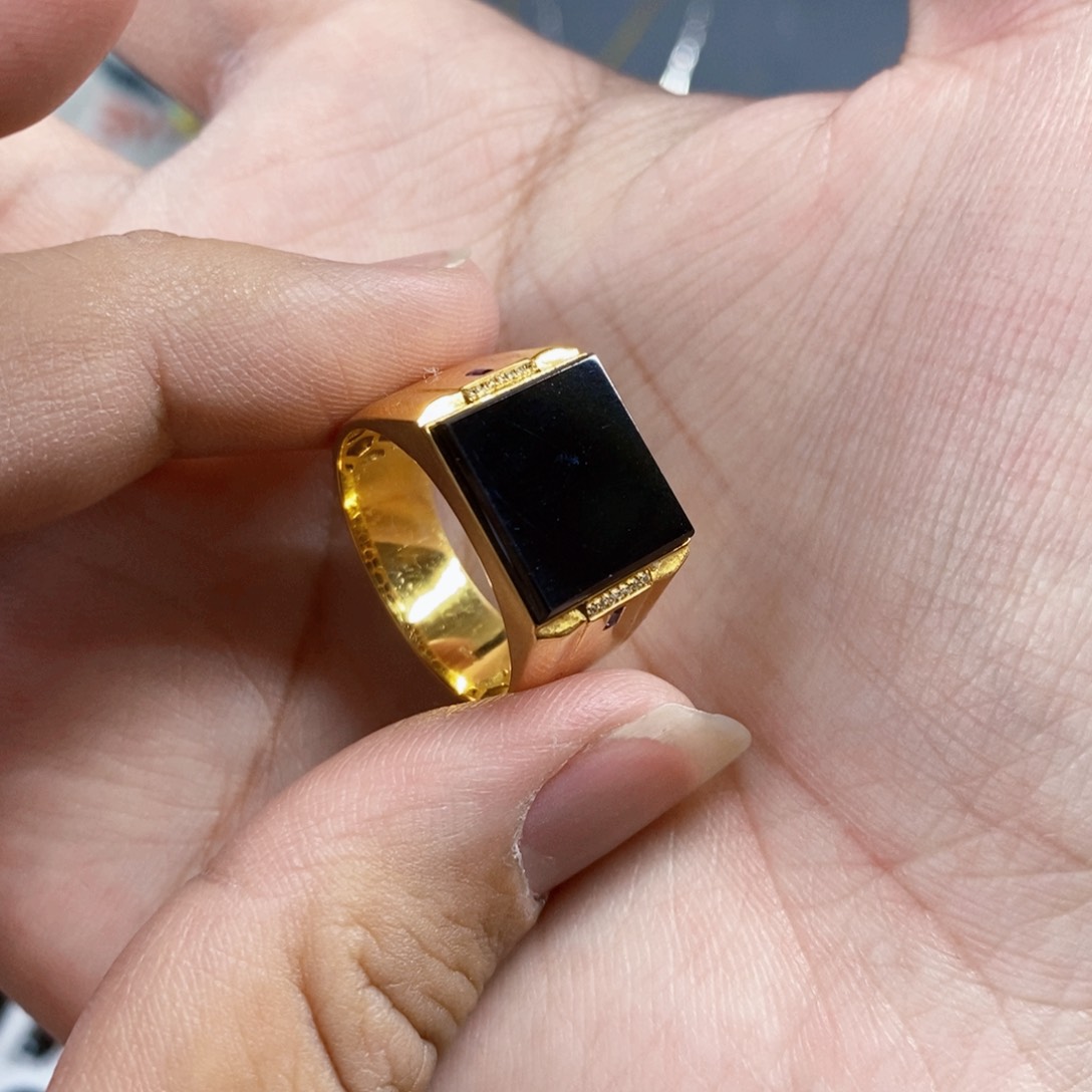 翡翠戒指18K金镶嵌墨翠方戒戒面