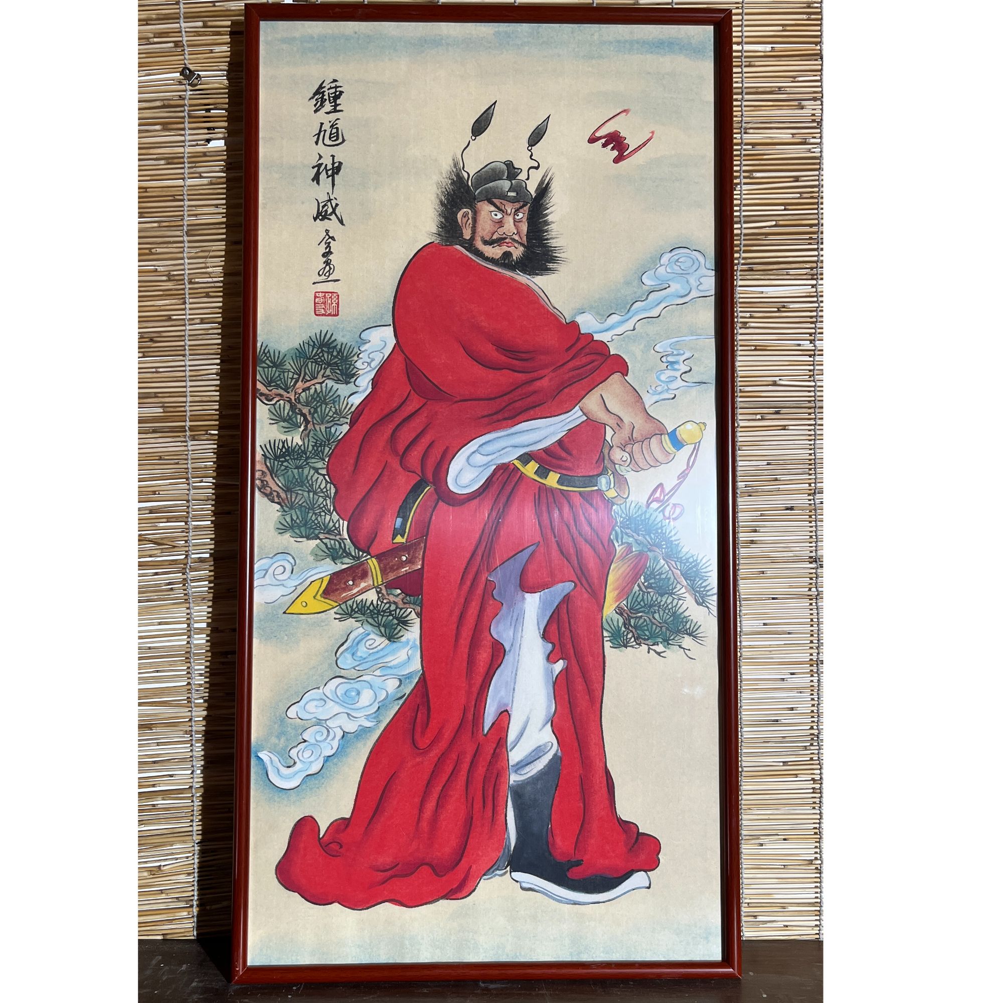 钟馗神威图手绘带框装裱茶室玄关客厅办公室装饰挂画92*47cm